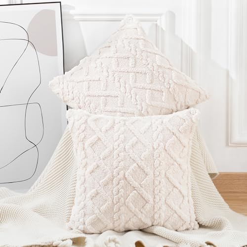 Madizz 2er Set Sanft Kurze Wolle Fleece Dekorativ Zierkissenbezüge Luxus Stil Kissenbezug für Sofa für Schlafzimmer Beige 45x45 cm Quadrat, Geometrisch von Madizz