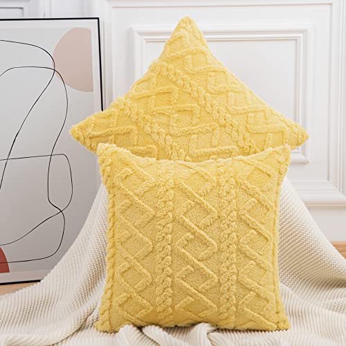 Madizz 2er Set Sanft Kurze Wolle Fleece Dekorativ Zierkissenbezüge Luxus Stil Kissenbezug für Sofa für Schlafzimmer Gelb 50x50 cm Quadrat von Madizz