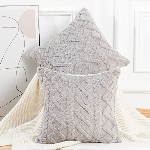 Madizz 2er Set Sanft Kurze Wolle Fleece Dekorativ Zierkissenbezüge Luxus Stil Kissenbezug für Sofa für Schlafzimmer Hellgrau 35x35 cm Quadrat von Madizz