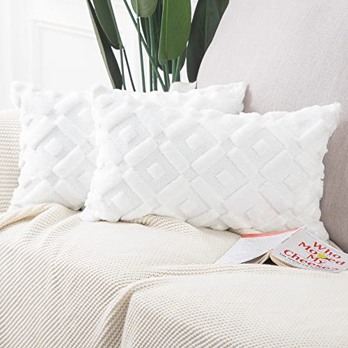 Madizz 2er Set Sanft Plüsch Kurze Wolle Samt Dekorativ Zierkissenbezüge Luxus Stil Kissenbezug für Sofa für Schlafzimmer Weiß 30x50 cm Rechteckigig von Madizz