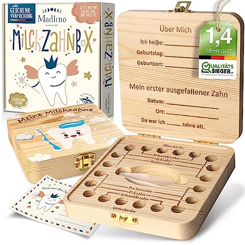 Madlino® Zahndose Milchzähne Jungen & Mädchen inkl. Zahnfeebrief & Lupe - Milchzahndose personalisiert aus Holz - Zahnfee Geschenke - Zahnbox für Milchzähne - Die Zahnrettungsbox für den Wackelzahn von Madlino