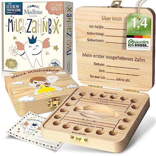 Madlino® Zahndose Milchzähne Jungen & Mädchen inkl. Zahnfeebrief & Lupe - Milchzahndose personalisiert aus Holz - Zahnfee Geschenke - Zahnbox für Milchzähne - Die Zahnrettungsbox für den Wackelzahn von Madlino