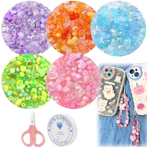 MaehSab 270–300 Stück süße verschiedene Perlen zur Schmuckherstellung, Acryl-Kawaii-Perlen zur Herstellung von Armbändern, Blumen-Schleifenperlen, Massenware, DIY-Handy-Schlüsselbandketten von MaehSab