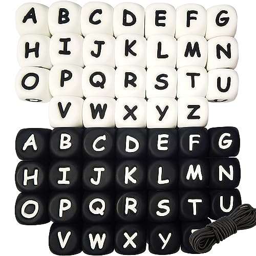 MaehSab Silikon-Buchstabenperlen, 12 mm, quadratisch, A-Z, Buchstabenperlen für Schlüsselanhänger, Silikon-Buchstabenperlen für DIY-Armbänder, Weiß, Schwarz, 52 Stück von MaehSab