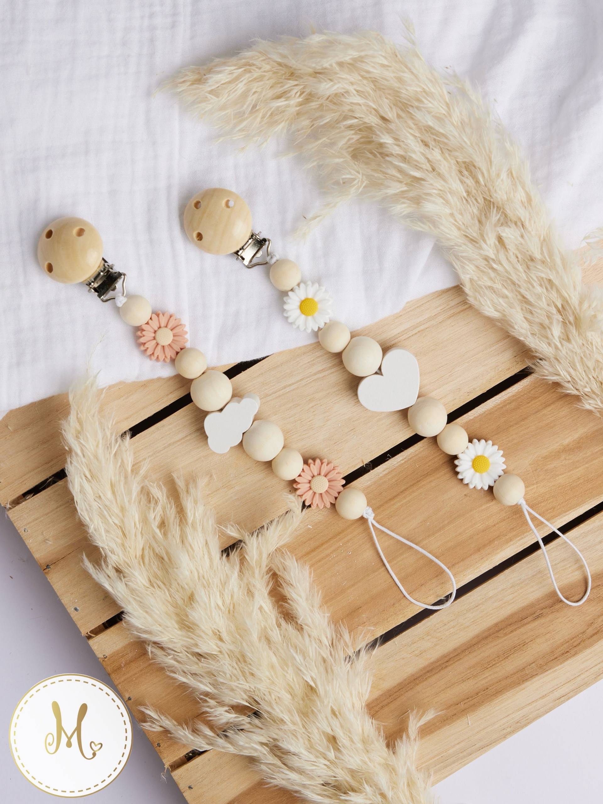 Schnullerkette Aus Holz Personalisiert Blumen Schnuller Baby Geburt Geschenk Geschenkidee Gänseblümchen Wolke Herz von Maerchenwunder