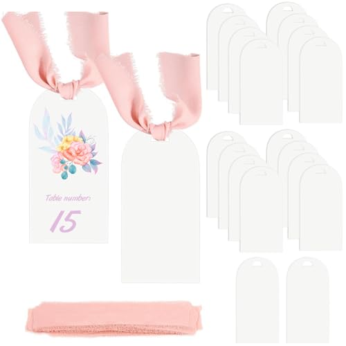 Mafagwre 20 Stück Tischkarten Aus Klarem Acryl, Leere Tischkarten Aus Mattiertem Acryl Für Hochzeiten Mit Rosa Band, Bogen-Geschenkanhänger Für DIY, Hochzeiten Und Dinnerpartys (B) von Mafagwre