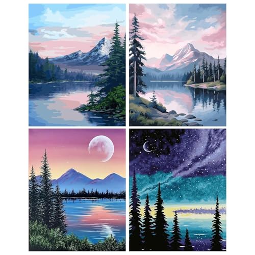 4 Stück Malen Nach Zahlen Erwachsene, DIY Landschaft Paint by Numbers Adult, Malen Nach Zahlen Set für Geschenk und Heim Dekoration 30×40cm Ohne Rahmen von Mafenr Art