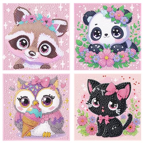 Mafenr Art 4er Set Diamond Painting Kinder, Animal Diamond Painting Kinder ab 4 6 8 10 Jahre, Diamant Painting Bilder Kinder für Geschenke und Familie Décor 15×15cm von Mafenr Art