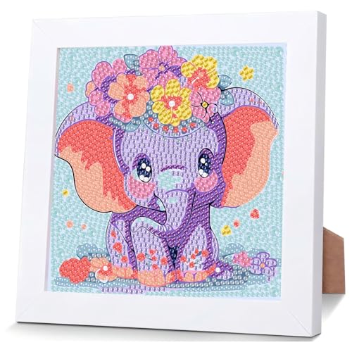 Mafenr Art Diamond Painting Kinder mit Rahmen, Elefant Diamond Painting Kinder ab 4 6 8 10 Jahre, Diamant Painting Bilder Kinder für Geschenke und Familie Décor 18×18cm von Mafenr Art