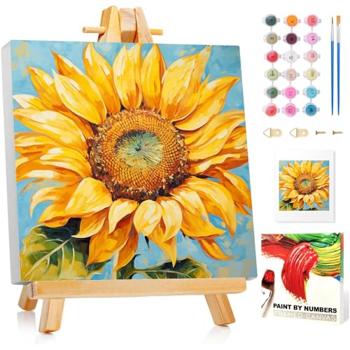 Malen Nach Zahlen Erwachsene mit Rahmen, DIY Sonnenblume Paint by Numbers Adult, Malen Nach Zahlen Set für Geschenk und Heim Dekoration 20×20cm Ohne Staffelei von Mafenr Art