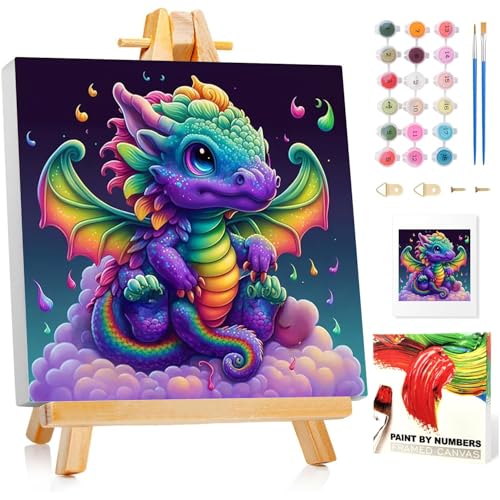 Malen Nach Zahlen Kinder mit Rahmen, Drachen Malen Nach Zahlen ab 5 6 7 8 9 10 Jahre Mädchen und Junge, Paint by Numbers für Geschenke und Wand Dekoration 20x20cm Mit Staffelei von Mafenr Art