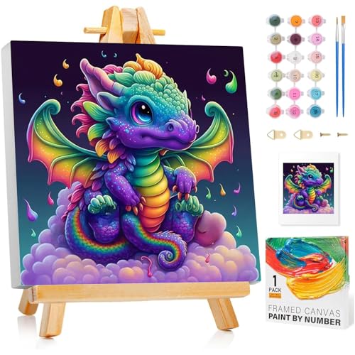 Malen Nach Zahlen Kinder mit Rahmen, Drachen Malen Nach Zahlen ab 5 6 7 8 9 10 Jahre Mädchen und Junge, Paint by Numbers für Geschenke und Wand Dekoration 20x20cm Ohne Staffelei von Mafenr Art