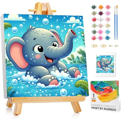 Malen Nach Zahlen Kinder mit Rahmen, Elefant Malen Nach Zahlen ab 5 6 7 8 9 10 Jahre Mädchen und Junge, Paint by Numbers für Geschenke und Wand Dekoration 20x20 cm Mit Staffelei von Mafenr Art