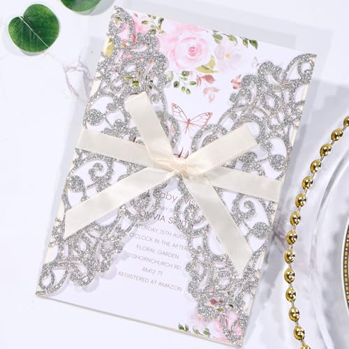 Hochzeitseinladungen mit Umschlägen und RSVP-Karten, Bändern, lasergeschnitten, blanko, Innenblatt, Perlpapier, Tarjetas de Invitación Para Boda XV Anos Quinceañera, Hochzeitseinladung, 50 Stück von Maffily