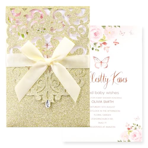 Maffily Goldene Glitzer-Hochzeitseinladungen, lasergeschnittene Einladungen mit Umschlägen und Antwortkarten, leere Innenblätter für Hochzeit, Quinceanera, Brautparty, Verlobung, Party, 50 Stück von Maffily