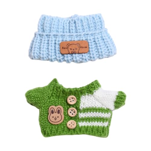 MagiDeal 2 Stück Puppenpullover und Mütze, handgefertigte Kleidung, weiche Miniatur-Kleidung, Outfits für 15–17 cm große Puppen, Grüner, Blauer Hut von MagiDeal