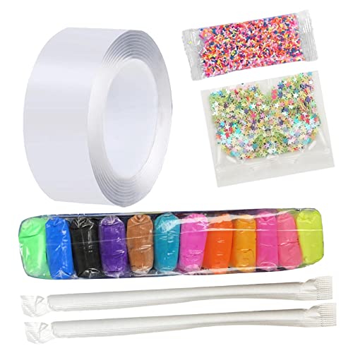 MagiDeal Durchsichtiges Nano Klebeband Doppelseitiges, Selbstklebendes Nano Tape Bubble für Kinder, 200CM DIY Handgefertigte Nicht Markierend Tape, mit 2 STK Strohhalme + 12 Farben Ton + Pailletten von MagiDeal