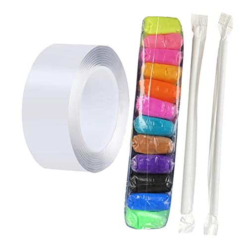 MagiDeal Durchsichtiges Nano Klebeband Doppelseitiges, Selbstklebendes Nano Tape Bubble für Kinder, 300CM DIY Handgefertigte Nicht Markierend Tape, mit 2 STK Strohhalme + 12 Farben Ton von MagiDeal