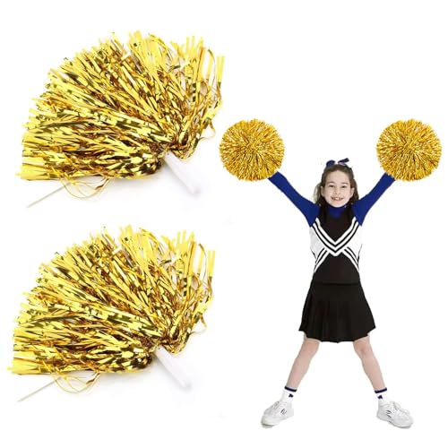 MagiSel 2 Stück Cheerleader Pompons, Pompoms Cheerleading, Cheerleader Pompons Pom Poms Cheerleading mit Bunten Pompons Cheerleader mit Stiel für Sportveranstaltungen Schule Spiele Tanzpartys (Gold) von MagiSel