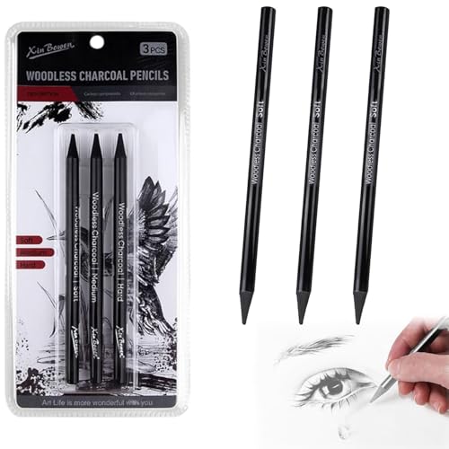 MagiSel Kohlestifte Set, Zeichenkohle, Charcoal Pencils Set, Sketch Kohlestifte, Professionelle Skizzierstifte, Woodless Kohlestiften, Kohlebleistifte zum Zeichnen, 3 Stück (Schwarz) von MagiSel