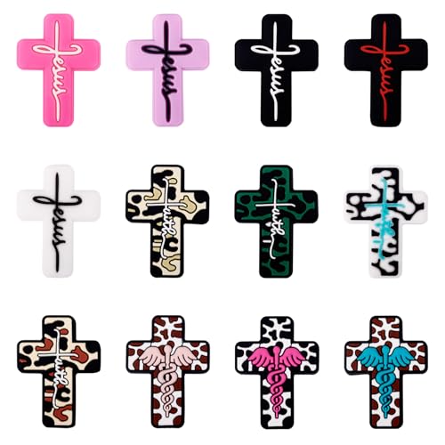 Magibeads 12 Stück Kreuz-Silikonperlen für Perlenstift, Leopardenkreuz, Silikonperlen, Figuren, Jesus, Glaube, Gummi-Abstandshalter für Schlüsselanhänger, Halsketten, Armbänder von Magibeads