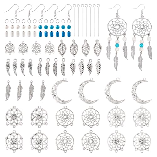 Magibeads 228 Stück DIY tibetischen Stil Ohrringe Herstellung Kit Kronleuchter Bohemian Charms Traumfänger Feder Flügel Blatt Mond Charm Anhänger Synthetische Türkis Perlen Schmuck Findings für von Magibeads