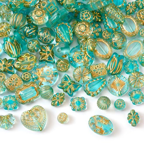 Magibeads 45 Stück sortierte Acrylperlen in Grün und Blau, zufällige Form mit goldenem Muster, lose Abstandshalter, Perlen für Bastelarbeiten, Sommerarmbänder, Ohrringe, Schmuckherstellung von Magibeads