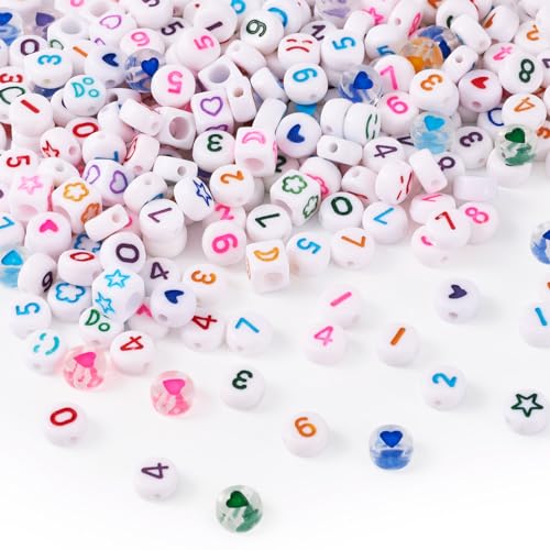 Magibeads 740 Stück 7 mm Acryl-Zahlenperlen 0–9, weiß, bunt, Blume, Herz, kleine Pony-Perlen, Armband, bunte Kandi-Perlen zum Basteln, Freundschaftsarmbänder, Schmuckherstellungszubehör von Magibeads