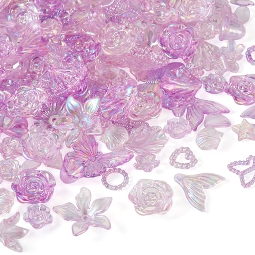 Magibeads Verschiedene Acryl-Armbandperlen und Charms, violette Blumen-, Blatt-, Schmetterlings-Perlen, transparent, zufällige Perlen, AB-Farbe, Kandi-Perlen, Handy-Charm-Set für Bastelarbeiten, von Magibeads