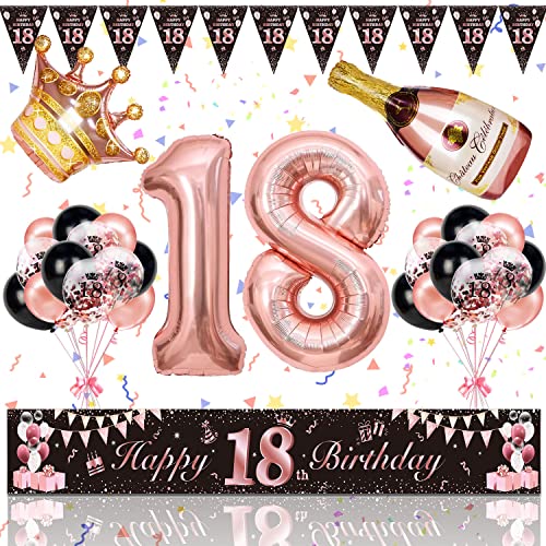 18. Geburtstag Deko Mädchen, Magiccute Geburtstagsdeko Mädchen Frauen Lange Happy Birthday Banner Girlande Wimpel und Schwarz Rosegold Konfetti Luftballons Deko Set von Magiccute