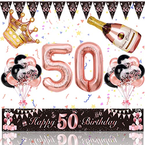 50. Geburtstag Frau Deko, Magiccute Geburtstagsdeko Frauen Lange Happy Birthday Banner Girlande Wimpel und Schwarz Rosegold Konfetti Luftballons Deko Set von Magiccute