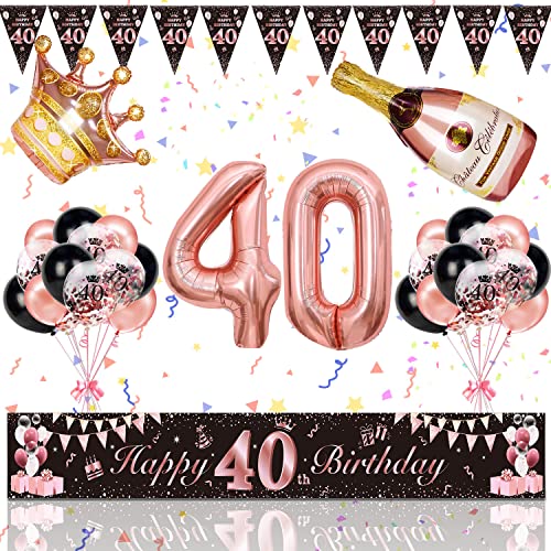 Magiccute 40. Geburtstag Frauen Deko, Geburtstagsdeko Frauen Lange Happy Birthday Banner Girlande Wimpel und Schwarz Rosegold Konfetti Luftballons Deko Set von Magiccute