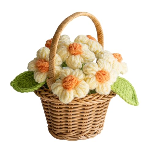 Magicherry Handgefertigte Häkelblumen, Wollgarn, Gänseblümchen, gestrickter Blumenkorb für Zuhause, Büro, Tischdekoration und Auto-Rückspiegel, Hängedekoration, gelber Puff von Magicherry