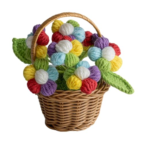 Magicherry Handgefertigte Häkelblumen, Wollgarn, Gänseblümchen, gestrickter Blumenkorb für Zuhause, Büro, Tischdekoration und Auto-Rückspiegel, Hängedekoration, mehrfarbiger Puff von Magicherry