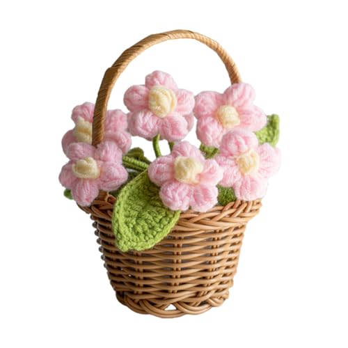 Magicherry Handgefertigte Häkelblumen, Wollgarn, Gänseblümchen, gestrickter Blumenkorb für Zuhause, Büro, Tischdekoration und Auto-Rückspiegel, Hängedekoration, rosa Puff von Magicherry