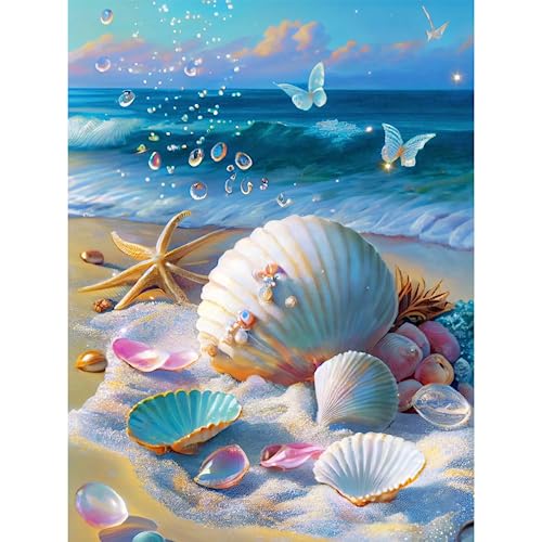 Diamond Painting Erwachsene | 5D DIY Diamond Painting Strand Muscheln am Meer, Gem Art Full Drill Dekorative Malerei, Flower Embroidery Deco For Home Wall 30×40cm von Magiho