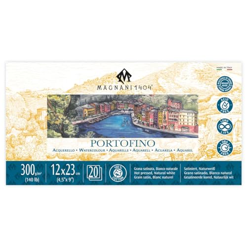 Magnani 1404 Italia Cold Press Aquarellpapier aus 100 % Baumwolle, 20 Blatt, 11,4 x 22,9 cm, 63,5 kg, säurefrei, UV-beständig, getdeckte Kanten, veganes Aquarellpapier für Künstler, hergestellt in von Magnani 1404