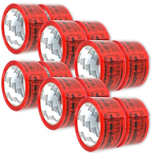 Magnet-Kauf Paketklebeband Packetbandrollen Klebeband 48mm x 66m Packband Paketband Kartonband Stark Kleberolle Verpackungsband (Vorsicht Glas ROT, 12 Rollen) von Magnet-Kauf