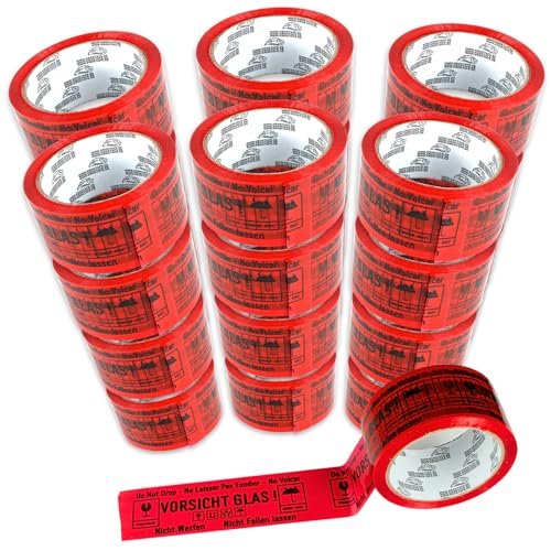 Magnet-Kauf Paketklebeband Packetbandrollen Klebeband 48mm x 66m Packband Paketband Kartonband Stark Kleberolle Verpackungsband (Vorsicht Glas ROT, 24 Rollen) von Magnet-Kauf