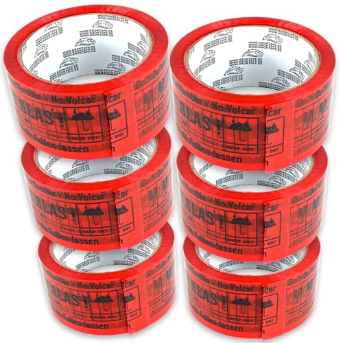 Magnet-Kauf Paketklebeband Packetbandrollen Klebeband 48mm x 66m Packband Paketband Kartonband Stark Kleberolle Verpackungsband (Vorsicht Glas ROT, 6 Rollen) von Magnet-Kauf