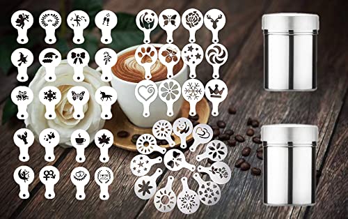 44 Kaffeekunst-Schablonen + 2 Stahlgitter-Pulverstreuer, Magnoloran Kaffee dekorieren Vorlagen Kekse Backen Malerei Form Schaum Latte Art Barista Schablonen für Dessert Cupcake Kuchen Cappuccino von Magnoloran