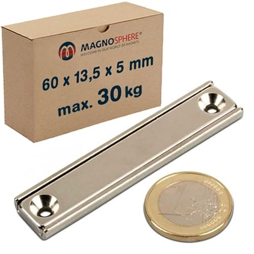 Neodym Magnet zum Anschrauben rechteckig extra stark - 30kg - mit Senkbohrung - Starke Quader-Magnete 60mm lang mit 2x Loch/Bohrung und Senkung für Büro Haushalt Werkstatt - 2 Stück von Magnosphere