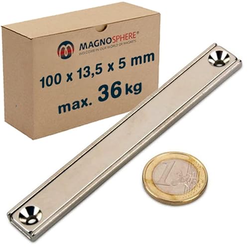 Neodym Magnet zum Anschrauben rechteckig extra stark - 36 kg - mit Senkbohrung - Starke Quader-Magnete 100mm lang mit 2x Loch/Bohrung und Senkung für Büro Haushalt Werkstatt - 2 Stück von Magnosphere