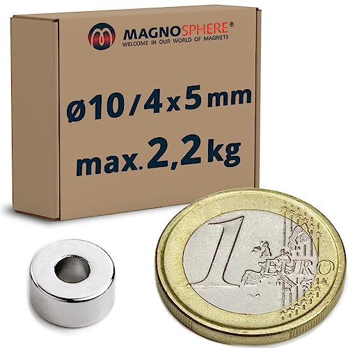 Ringmagnete Neodym Magnet-Ringe extra stark - Haftkraft bis 36kg - Starke NdFeB Magnete mit Loch für Industrie und Zuhause, Menge/Größe: 30 Stück - Ø10/4x5mm | 2.2kg Haftkraft von Magnosphere