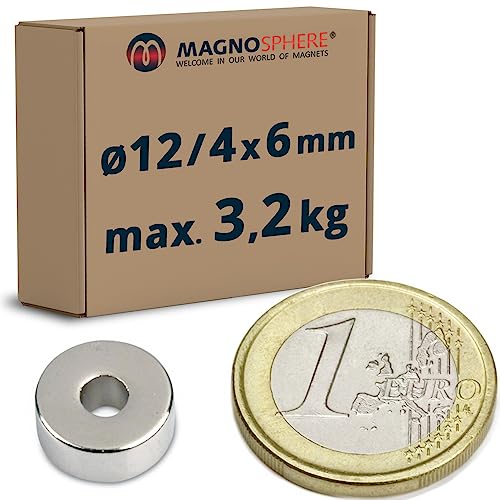 Ringmagnete Neodym Magnet-Ringe extra stark - Haftkraft bis 36kg - Starke NdFeB Magnete mit Loch für Industrie und Zuhause, Menge/Größe: 40 Stück - Ø12/4x6mm | 3,2kg Haftkraft von Magnosphere