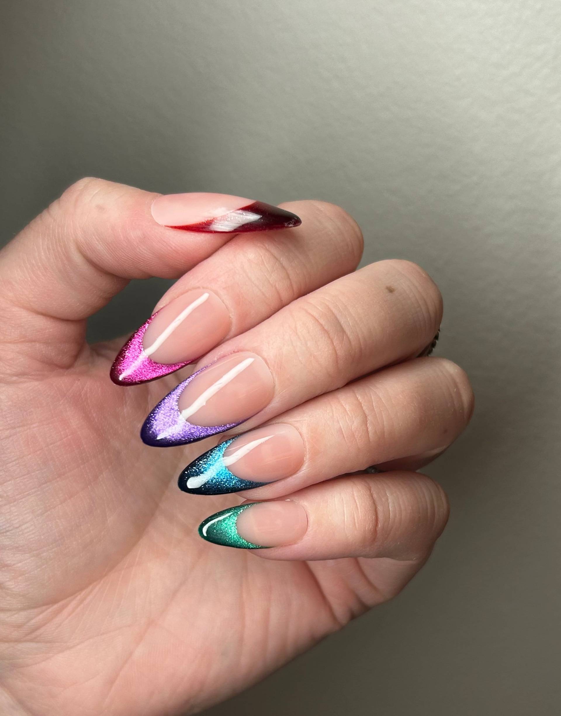 Edelstein | Bunte Samtige Katzenaugen French Tip Press On Nails Regenbogen Nägel Gel Elster von MagpieNails