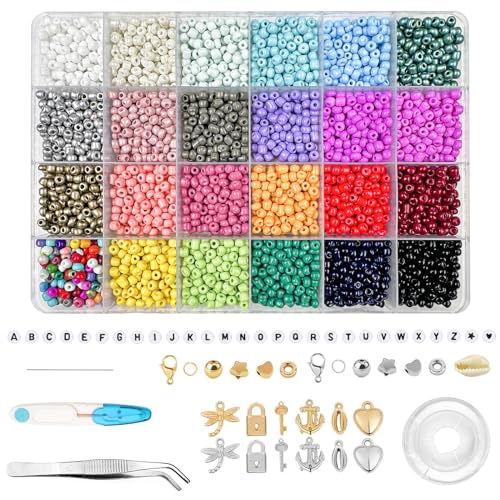 Magrimaxio 4000 Stück 4 mm perlen für armbänder, buchstabenperlen zum auffädeln, bastelperlen, mit elastischer faden, Schere und Aufbewahrungsbox, perlenset für DIY Bracelet Making Kit von Magrimaxio