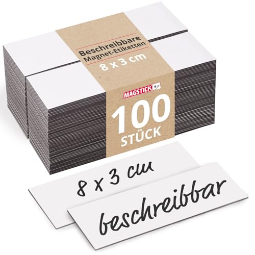 100 beschreibbare Magnet-Etiketten I 8 x 3 cm I weiß I magnetische Beschriftungsfolie beschreibbar Magnet-Streifen zum Beschriften I mag209 von Magstick