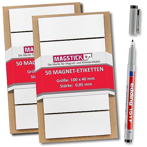 100 beschreibbare Magnet-Etiketten Magstick® I 10 x 4 cm weiß I magnetische Beschriftungsfolie beschreibbar Magnet-Streifen zum Beschriften I mag_156 von Magstick