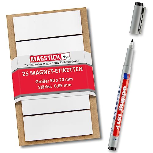 25 beschreibbare Magnet-Etiketten Magstick® I 5 x 2 cm weiß I magnetische Beschriftungsfolie beschreibbar Magnet-Streifen zum Beschriften I mag075 von Magstick